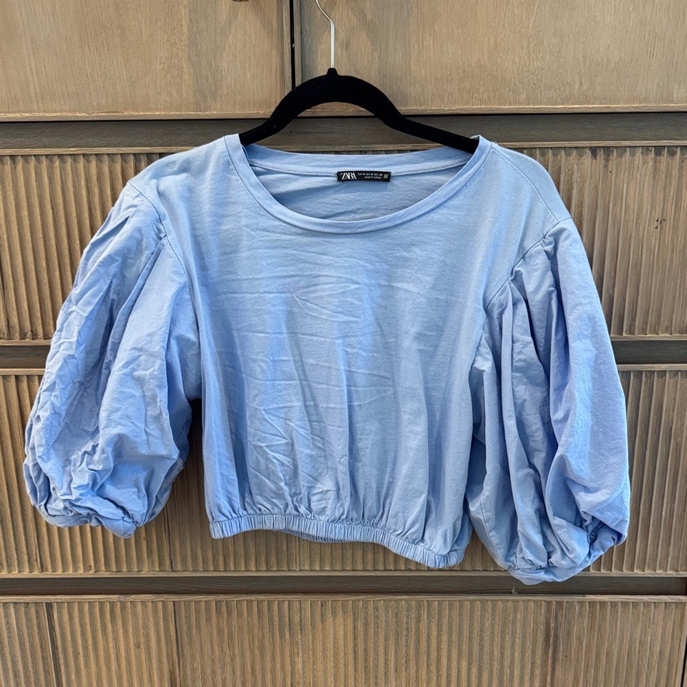 Zara Light Blue Puff Sleeve Blouse